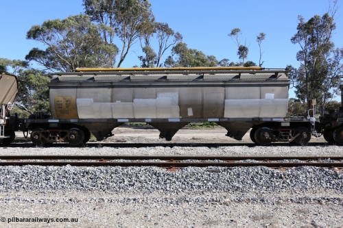 130703 0203
Tooligie, HCN class bogie grain hopper waggon HCN 19, originally an NHB type hopper built by Tulloch Ltd for the Commonwealth Railways North Australia Railway. One of forty rebuilt by Islington Workshops 1978-79 to the HCN type with a 36 ton rating, increased to 40 tonnes in 1984. Seen here loaded with grain with a Moose Metalworks roll-top cover.
Keywords: HCN-type;HCN19;SAR-Islington-WS;rebuild;Tulloch-Ltd-NSW;NHB-type;NHB1026;