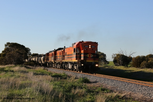 130703 0252
Kaldow, running south with the sun behind it is 1200 class 1204 a Clyde Engineering built EMD G12C model with serial 65-428 leading two ALCo units and was originally built in 1965 for Western Mining Corporation and operated by the WAGR as their A class A 1513. It came to the Eyre Peninsula in October 2004. [url=https://goo.gl/maps/FnDpXh45LbN7scrt5]Geo location[/url]. July 3, 2006.
Keywords: 1200-class;1203;Clyde-Engineering-Granville-NSW;EMD;G12C;65-427;A-class;A1513;