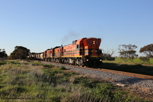 130703 0256
Kaldow, running south with the sun behind it is 1200 class 1204 a Clyde Engineering built EMD G12C model with serial 65-428 leading two ALCo units and was originally built in 1965 for Western Mining Corporation and operated by the WAGR as their A class A 1513. It came to the Eyre Peninsula in October 2004. [url=https://goo.gl/maps/FnDpXh45LbN7scrt5]Geo location[/url]. July 3, 2006.
Keywords: 1200-class;1203;Clyde-Engineering-Granville-NSW;EMD;G12C;65-427;A-class;A1513;