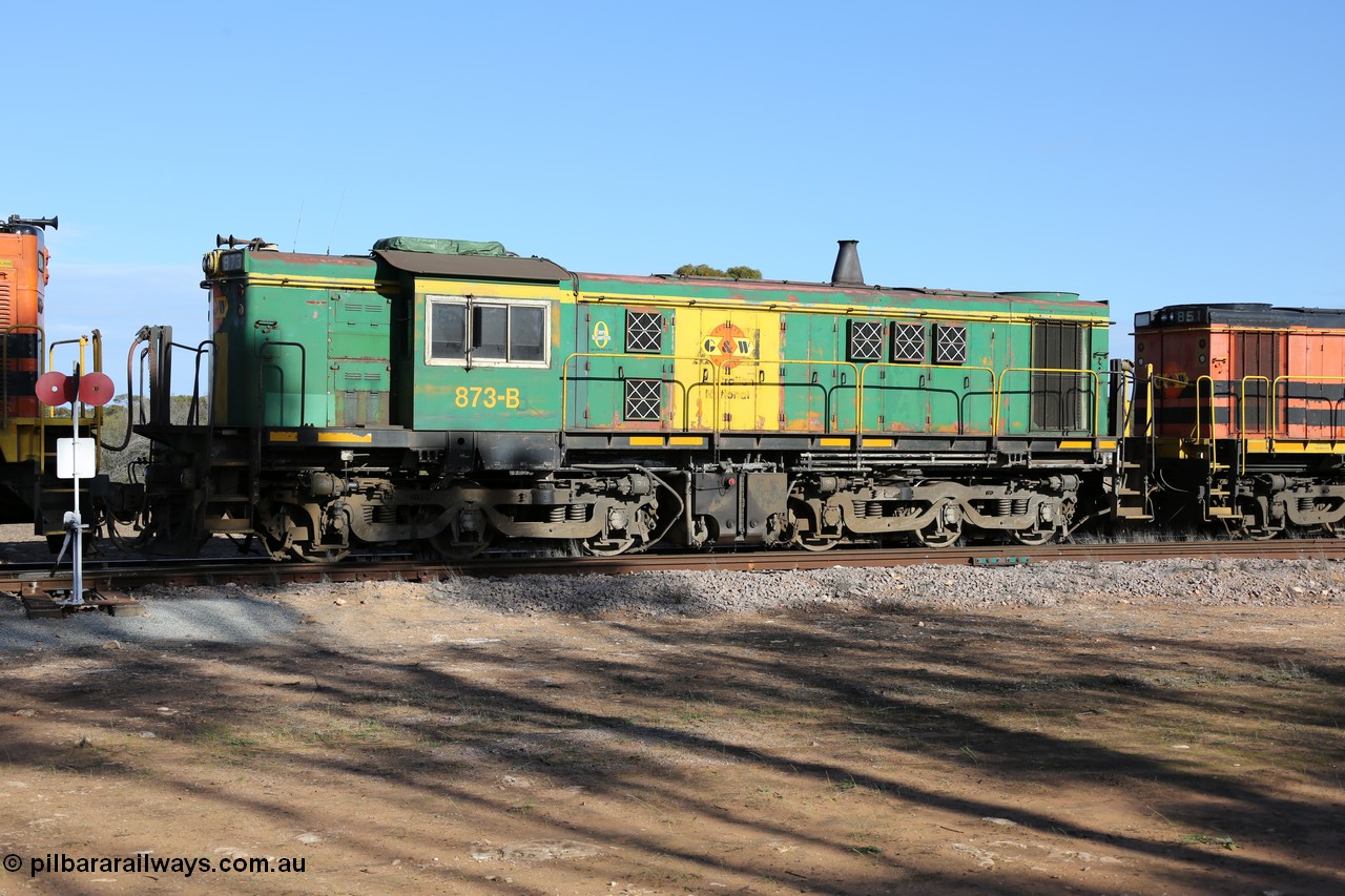 130704 0377
Kyancutta, former Australian National narrow gauge 830 class locomotive 873, an AE Goodwin built ALCo DL531 model with serial G3422-3 built new for the SAR in 1966 and delivered new to Port Lincoln in April 1966 with decals for current owner Genesee & Wyoming, it has spent it's whole working life on the Eyre Peninsula. 4th July 2013.
Keywords: 830-class;873;G3422-3;AE-Goodwin;ALCo;DL531;