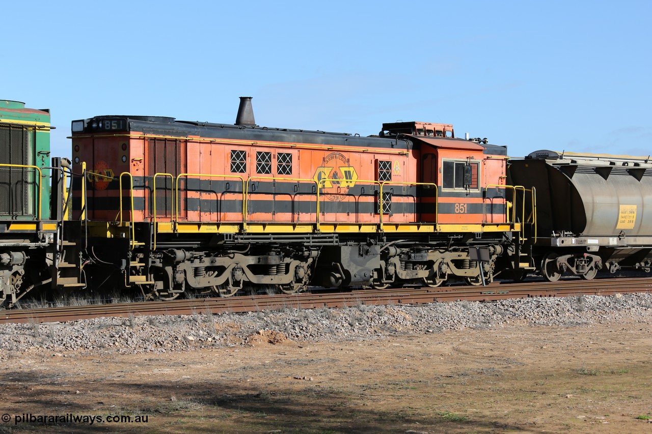 130704 0378
Kyancutta, former Australian National narrow gauge 830 class locomotive 851, an AE Goodwin built ALCo DL531 model with serial 84737 built new for the SAR in 1962 and delivered new to Port Lincoln in April 1962 wearing current owner Genesee & Wyoming's livery, it has spent it's whole working life on the Eyre Peninsula. 4th July 2013.
Keywords: 830-class;851;AE-Goodwin;ALCo;DL531;84137;