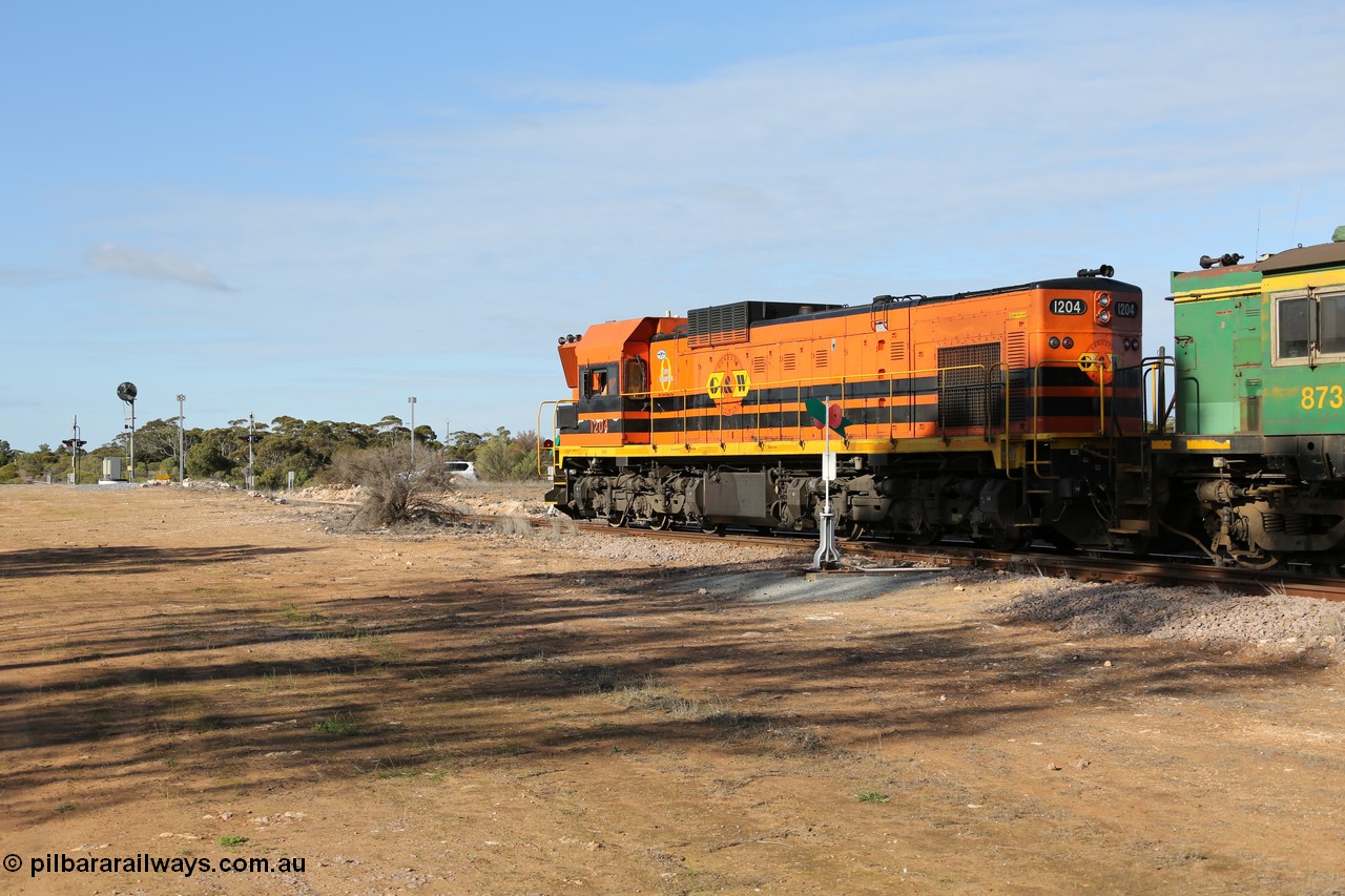 130704 0379
Kyancutta, 1200 class unit 1204 wearing current owner Genesee & Wyoming livery is a Clyde Engineering built EMD G12C model with serial 65-428 was originally built in 1965 for Western Mining Corporation and operated by the WAGR as their A class A 1514 recoded to 1204 in April 2004 and to the Eyre Peninsula in July 2004.
Keywords: 1200-class;1204;Clyde-Engineering-Granville-NSW;EMD;G12C;65-428;A-class;A1514;