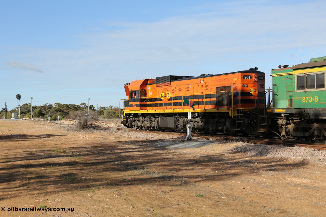 130704 0380
Kyancutta, 1200 class unit 1204 wearing current owner Genesee & Wyoming livery is a Clyde Engineering built EMD G12C model with serial 65-428 was originally built in 1965 for Western Mining Corporation and operated by the WAGR as their A class A 1514 recoded to 1204 in April 2004 and to the Eyre Peninsula in July 2004.
Keywords: 1200-class;1204;Clyde-Engineering-Granville-NSW;EMD;G12C;65-428;A-class;A1514;