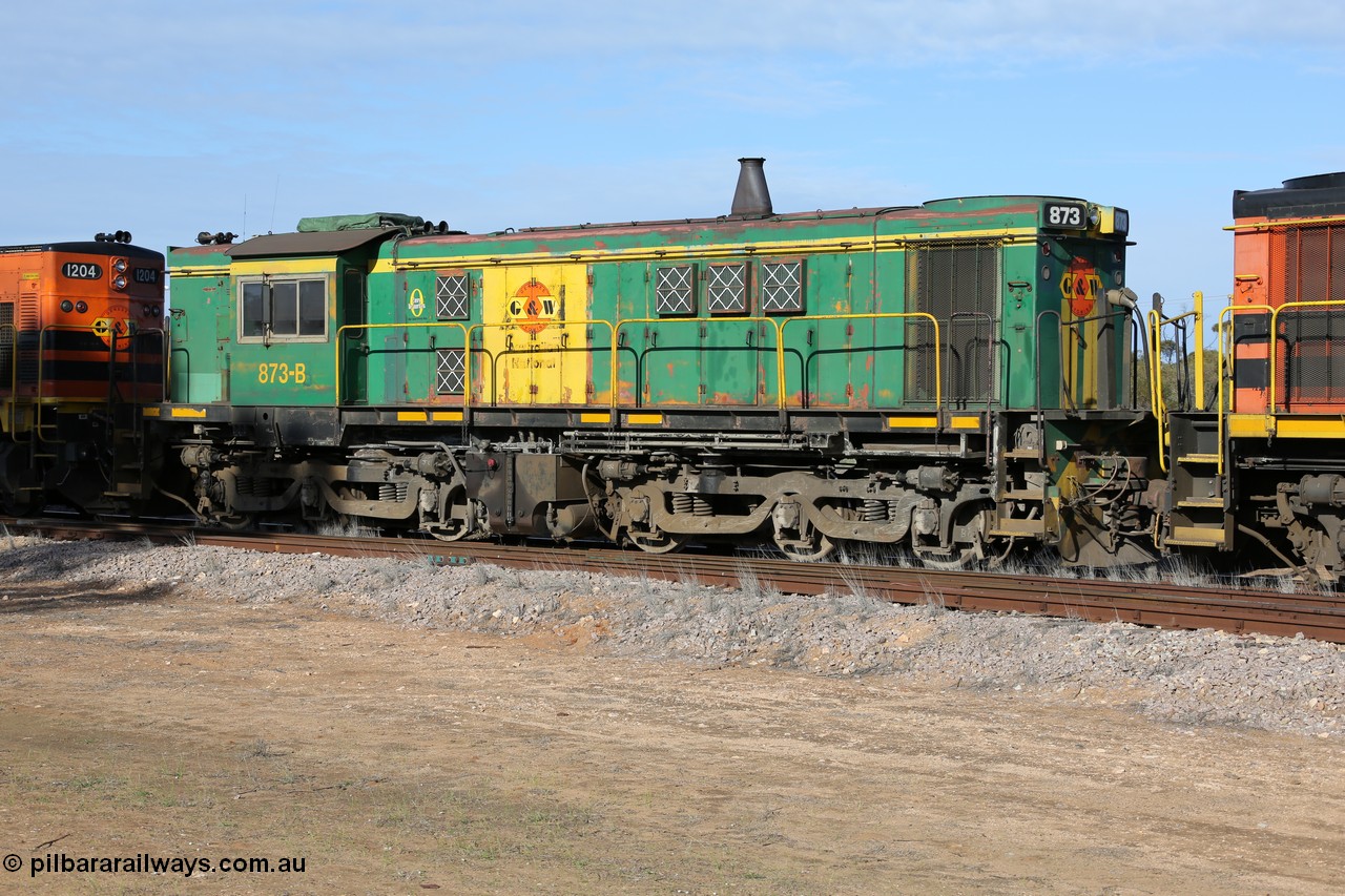 130704 0381
Kyancutta, former Australian National narrow gauge 830 class locomotive 873, an AE Goodwin built ALCo DL531 model with serial G3422-3 built new for the SAR in 1966 and delivered new to Port Lincoln in April 1966 with decals for current owner Genesee & Wyoming, it has spent it's whole working life on the Eyre Peninsula. 4th July 2013.
Keywords: 830-class;873;AE-Goodwin;ALCo;DL531;G3422-3;