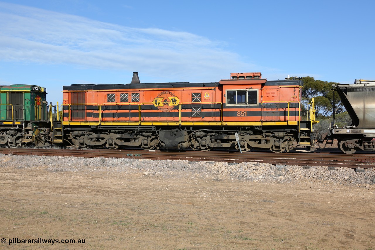 130704 0382
Kyancutta, former Australian National narrow gauge 830 class locomotive 851, an AE Goodwin built ALCo DL531 model with serial 84737 built new for the SAR in 1962 and delivered new to Port Lincoln in April 1962 wearing current owner Genesee & Wyoming's livery, it has spent it's whole working life on the Eyre Peninsula. 4th July 2013.
Keywords: 830-class;851;AE-Goodwin;ALCo;DL531;84137;