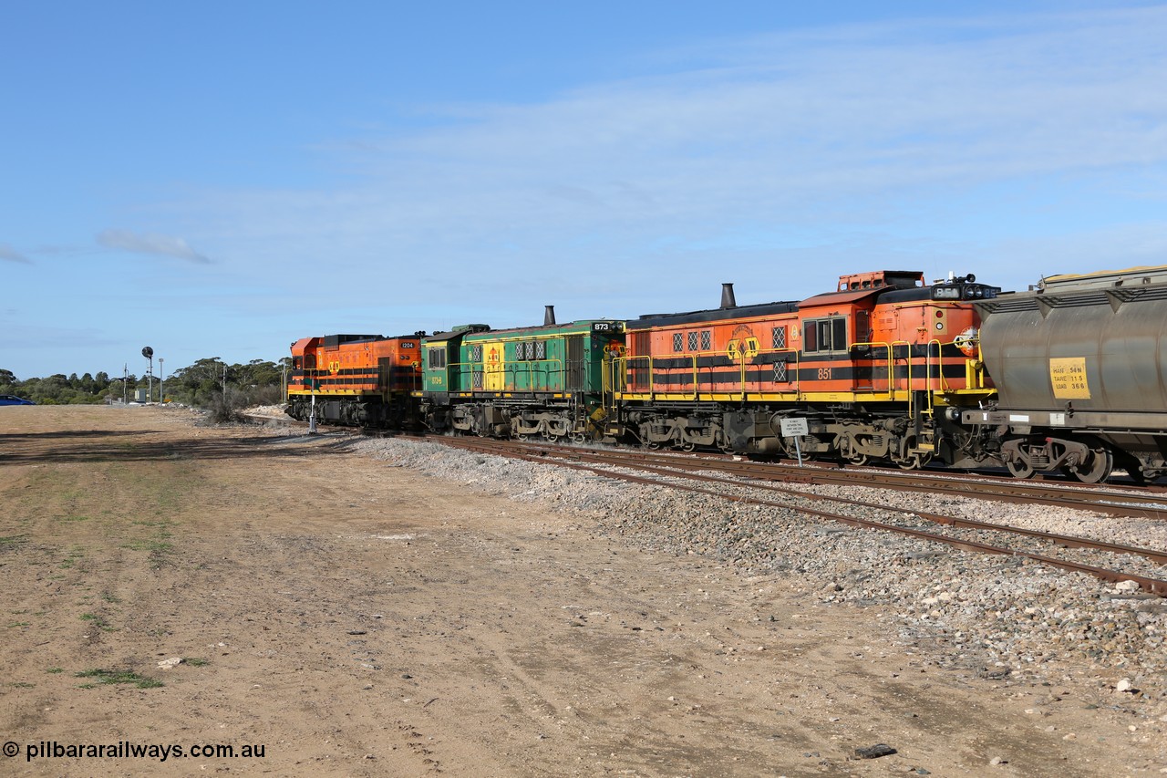 130704 0383
Kyancutta, south bound loaded grain train has stopped here to collect a loaded rack of grain waggons, seen here running out of the 'new grain siding' added in 1970 behind EMD 1204 and twin ALCo 830 units 873 and 851. 4th July 2013.
Keywords: 830-class;851;AE-Goodwin;ALCo;DL531;84137;