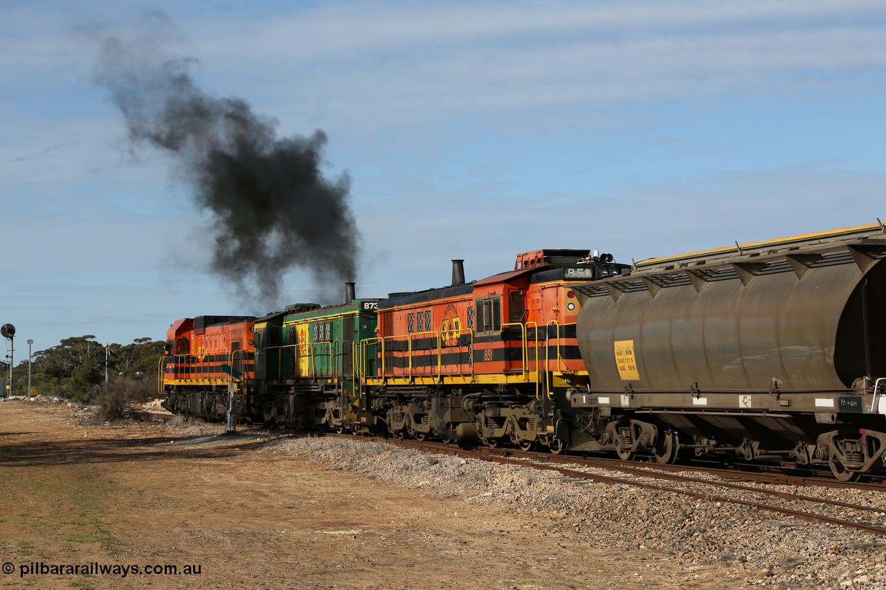 130704 0419
Kyancutta, south bound loaded grain train has stopped here to collect a loaded rack of grain waggons, seen here backing up to re-join the rest of the train on the mainline with one of only three electric signals on the network, behind EMD 1204 and twin ALCo 830 units 873 and 851. 4th July 2013.
Keywords: HAN-type;HAN54;1969-73/68-54;SAR-Islington-WS;