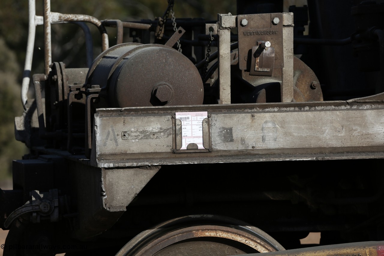 130704 0424
Kyancutta, waggon consignment card fixed to HCN type bogie grain hopper waggon HCN 13 on the A end with the Westinghouse grade control valve selected to L for loaded, originally an NHB type hopper built by Tulloch Ltd for the Commonwealth Railways North Australia Railway. One of forty rebuilt by Islington Workshops 1978-79 to the HCN type with a 36 ton rating, increased to 40 tonnes in 1984.
Keywords: HCN-type;HCN13;SAR-Islington-WS;rebuild;Tulloch-Ltd-NSW;NHB-type;NHB1577;