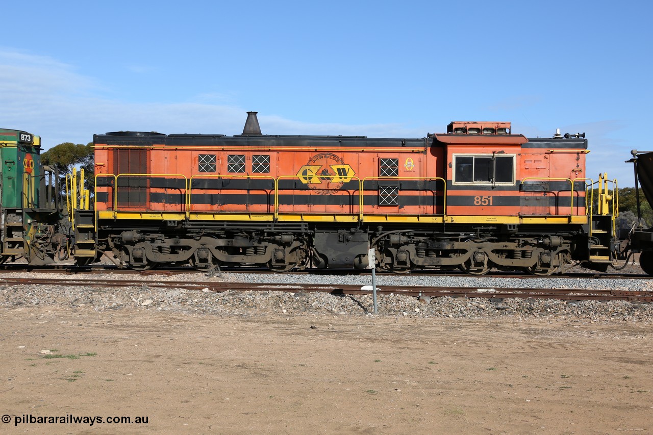 130704 0427
Kyancutta, former Australian National narrow gauge 830 class locomotive 851, an AE Goodwin built ALCo DL531 model with serial 84737 built new for the SAR in 1962 and delivered new to Port Lincoln in April 1962 wearing current owner Genesee & Wyoming's livery, it has spent it's whole working life on the Eyre Peninsula. 4th July 2013.
Keywords: 830-class;851;AE-Goodwin;ALCo;DL531;84137;