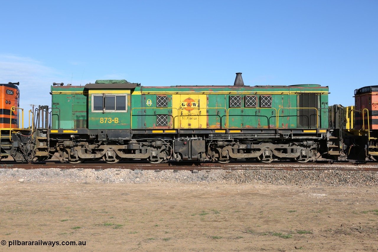 130704 0428
Kyancutta, former Australian National narrow gauge 830 class locomotive 873, an AE Goodwin built ALCo DL531 model with serial G3422-3 built new for the SAR in 1966 and delivered new to Port Lincoln in April 1966 with decals for current owner Genesee & Wyoming, it has spent it's whole working life on the Eyre Peninsula. 4th July 2013.
Keywords: 830-class;873;G3422-3;AE-Goodwin;ALCo;DL531;