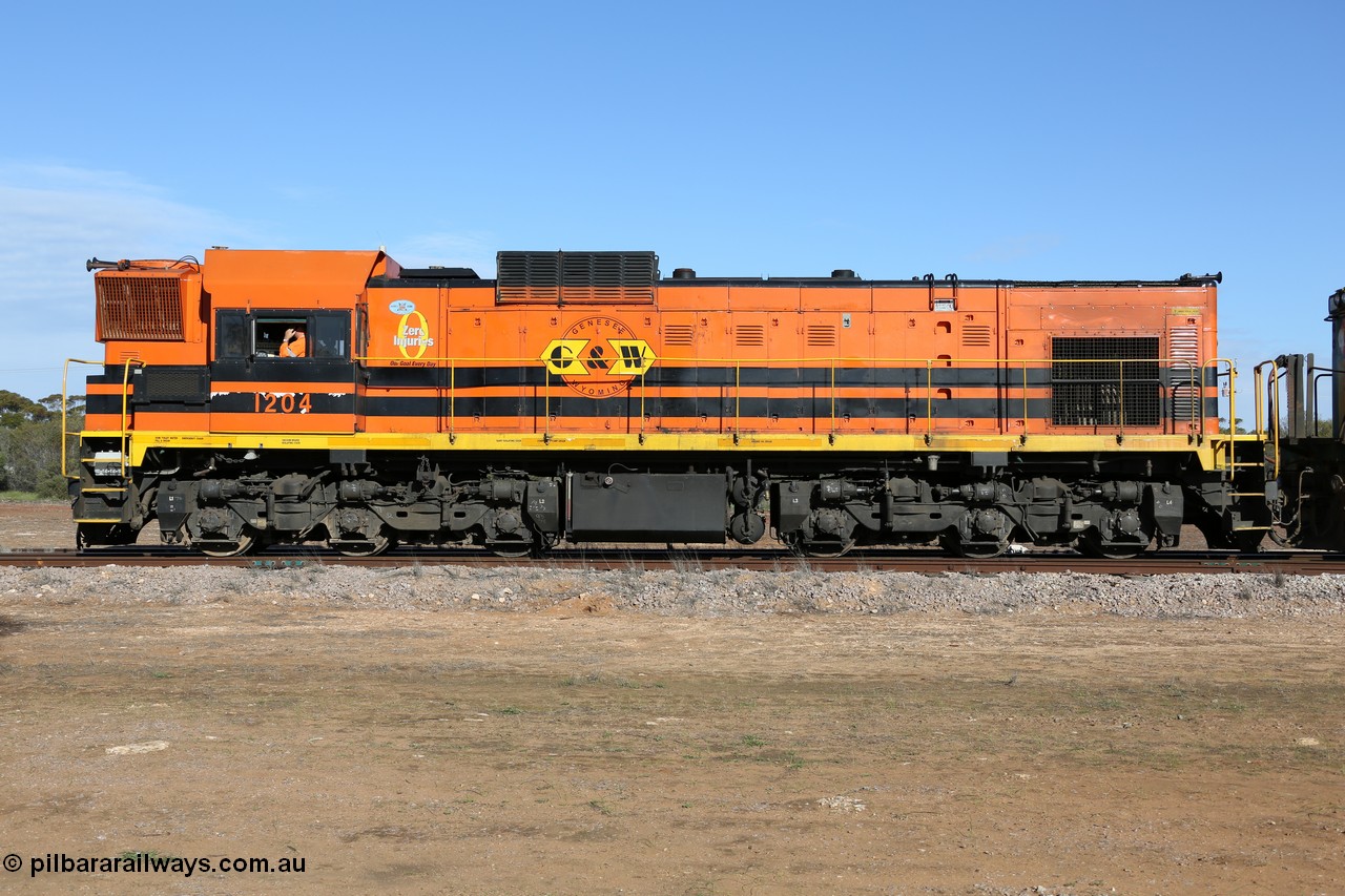 130704 0429
Kyancutta, 1200 class unit 1204 wearing current owner Genesee & Wyoming livery is a Clyde Engineering built EMD G12C model with serial 65-428 was originally built in 1965 for Western Mining Corporation and operated by the WAGR as their A class A 1514 recoded to 1204 in April 2004 and to the Eyre Peninsula in July 2004.
Keywords: 1200-class;1204;Clyde-Engineering-Granville-NSW;EMD;G12C;65-428;A-class;A1514;