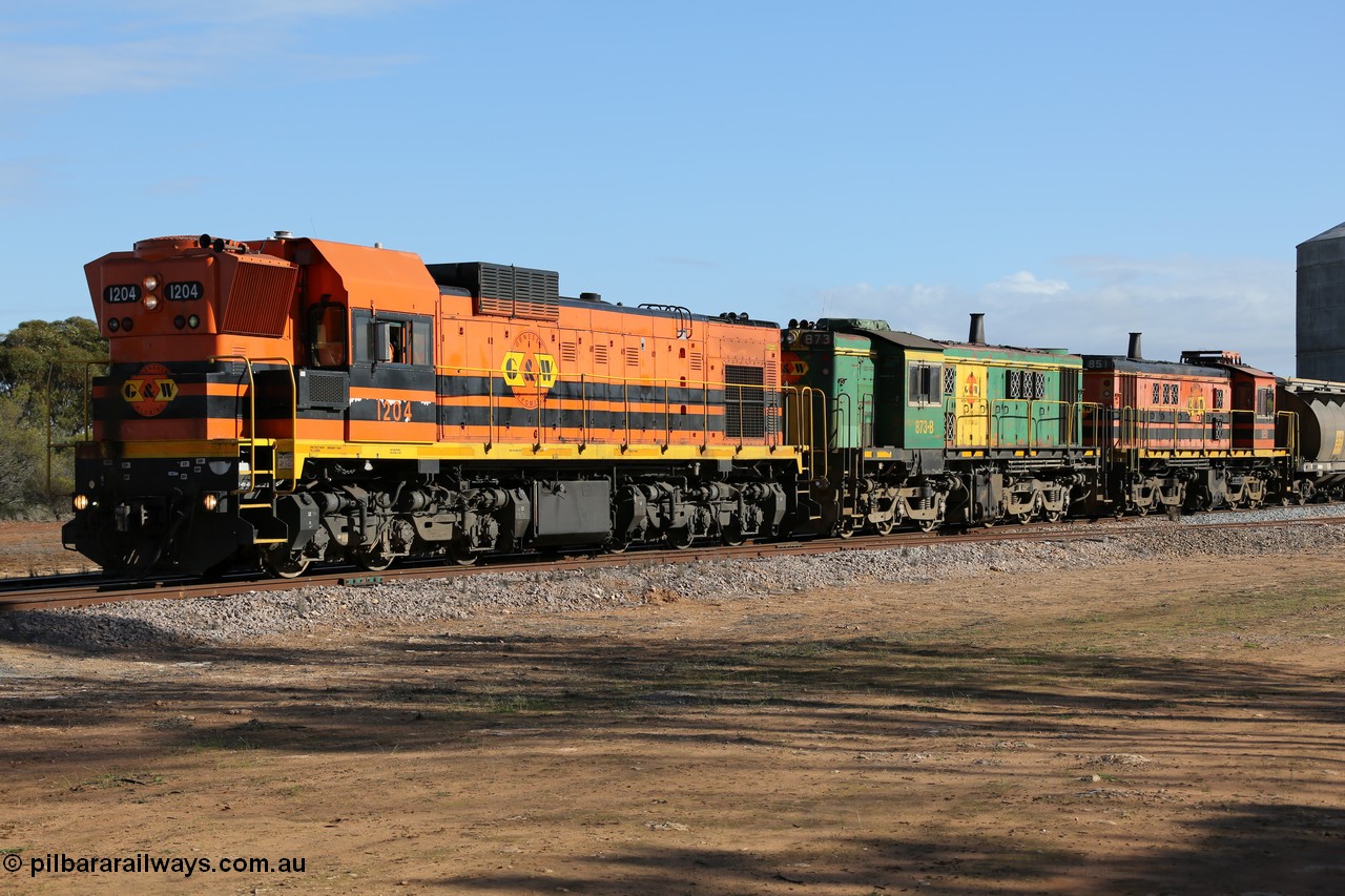 130704 0439
Kyancutta, 1200 class unit 1204 wearing current owner Genesee & Wyoming livery is a Clyde Engineering built EMD G12C model with serial 65-428 was originally built in 1965 for Western Mining Corporation and operated by the WAGR as their A class A 1514 recoded to 1204 in April 2004 and to the Eyre Peninsula in July 2004, former Australian National narrow gauge 830 class locomotive 873, an AE Goodwin built ALCo DL531 model with serial G3422-3 built new for the SAR in 1966 and delivered new to Port Lincoln in April 1966 with decals for current owner Genesee & Wyoming, it has spent it's whole working life on the Eyre Peninsula and former Australian National narrow gauge 830 class locomotive 851, an AE Goodwin built ALCo DL531 model with serial 84737 built new for the SAR in 1962 and delivered new to Port Lincoln in April 1962 wearing current owner Genesee & Wyoming's livery, it has also spent it's whole working life on the Eyre Peninsula. 4th July 2013.
Keywords: 1200-class;1204;Clyde-Engineering-Granville-NSW;EMD;G12C;65-428;A-class;A1514;