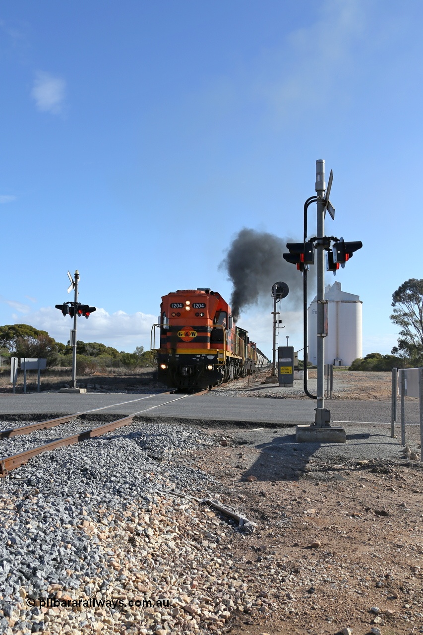 130704 0443
Kyancutta, the south bound loaded grain train gets away from attaching a further fourteen loads here as it is about to cross the Eyre Highway grade crossing with F Type flashing lights. 4th July 2013.
Keywords: 1200-class;1204;Clyde-Engineering-Granville-NSW;EMD;G12C;65-428;A-class;A1514;