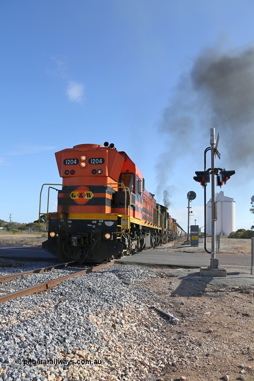 130704 0447
Kyancutta, the south bound loaded grain train gets away from attaching a further fourteen loads here as it crosses the Eyre Highway grade crossing with F Type flashing lights behind 1200 class EMD unit 1204. 4th July 2013.
Keywords: 1200-class;1204;Clyde-Engineering-Granville-NSW;EMD;G12C;65-428;A-class;A1514;