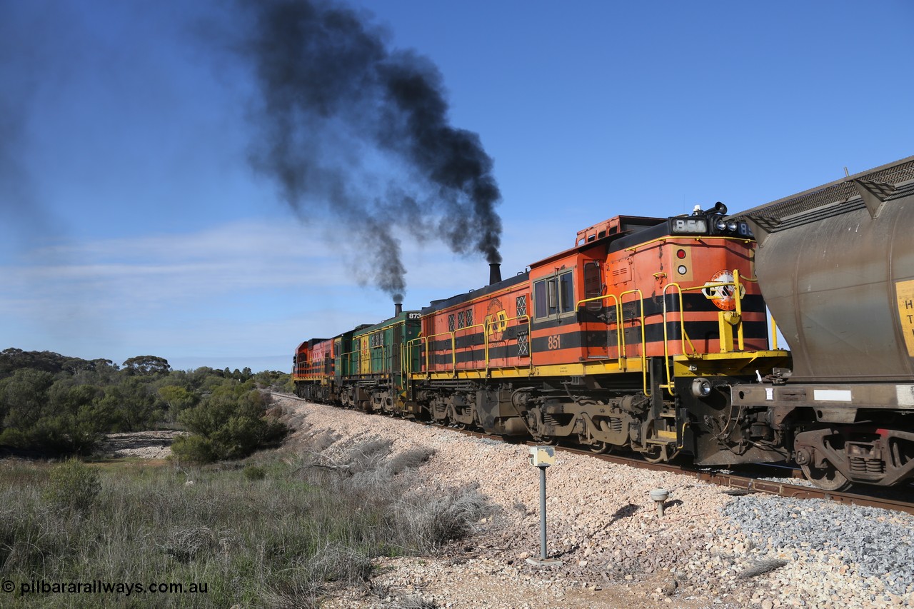 130704 0449
Kyancutta, third unit former Australian National narrow gauge 830 class locomotive 851, an AE Goodwin built ALCo DL531 model with serial 84137 built new for the SAR in 1962 and delivered new to Port Lincoln in April 1962 with current owner livery for Genesee & Wyoming, it has spent it's whole working life on the Eyre Peninsula. 4th July 2013.
Keywords: 830-class;851;84137;AE-Goodwin;ALCo;DL531;