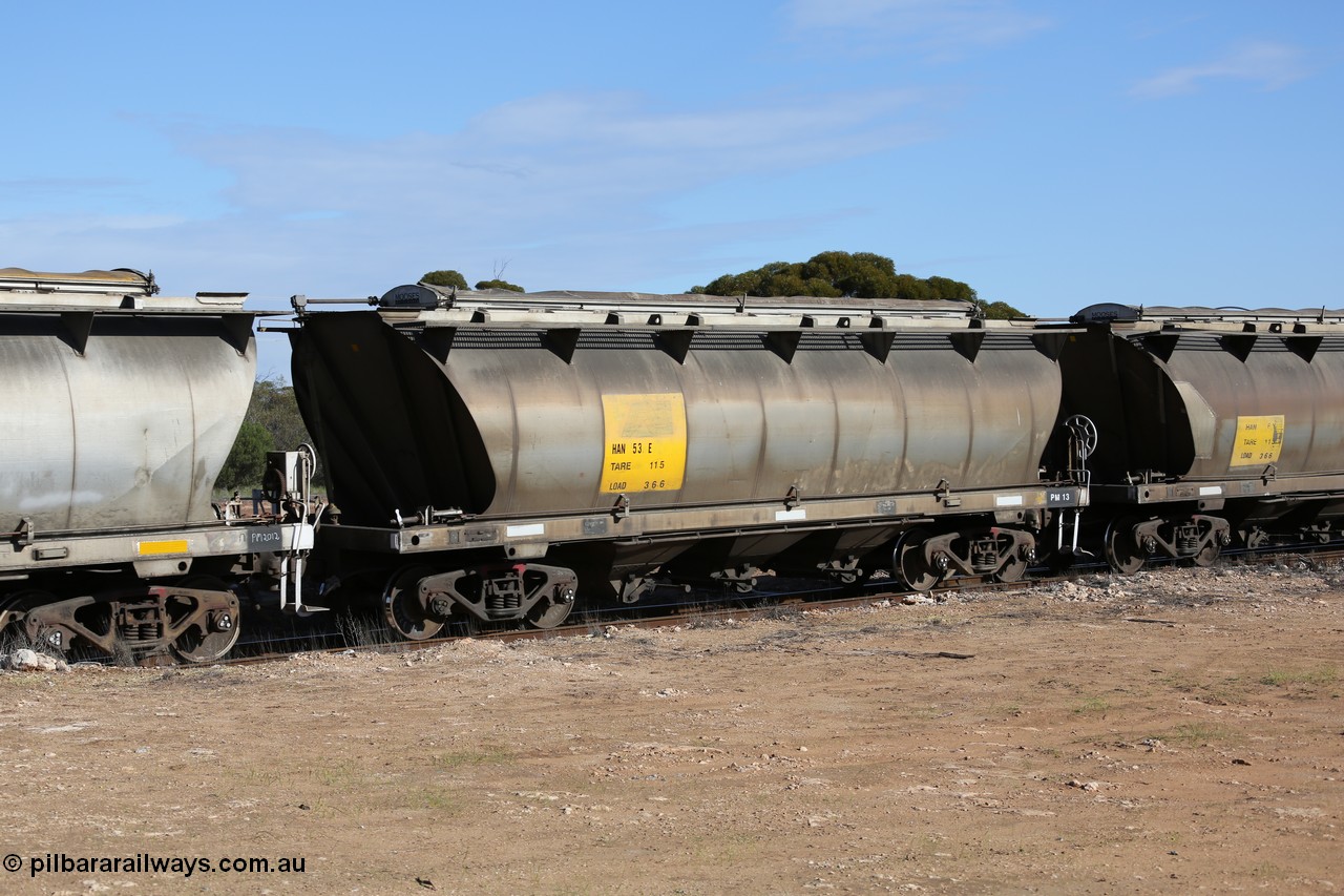 130704 0462
Kyancutta, HAN type bogie grain hopper waggon HAN 53, one of sixty eight units built by South Australian Railways Islington Workshops between 1969 and 1973 as the HAN type for the Eyre Peninsula system.
Keywords: HAN-type;HAN53;1969-73/68-53;SAR-Islington-WS;