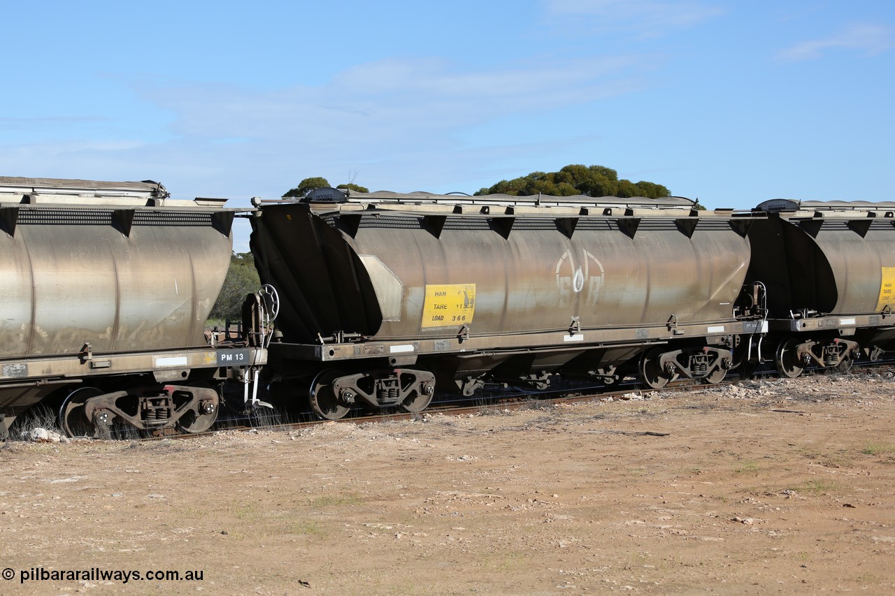 130704 0463
Kyancutta, HAN type bogie grain hopper waggon HAN 6, one of sixty eight units built by South Australian Railways Islington Workshops between 1969 and 1973 as the HAN type for the Eyre Peninsula system.
Keywords: HAN-type;HAN6;1969-73/68-6;SAR-Islington-WS;