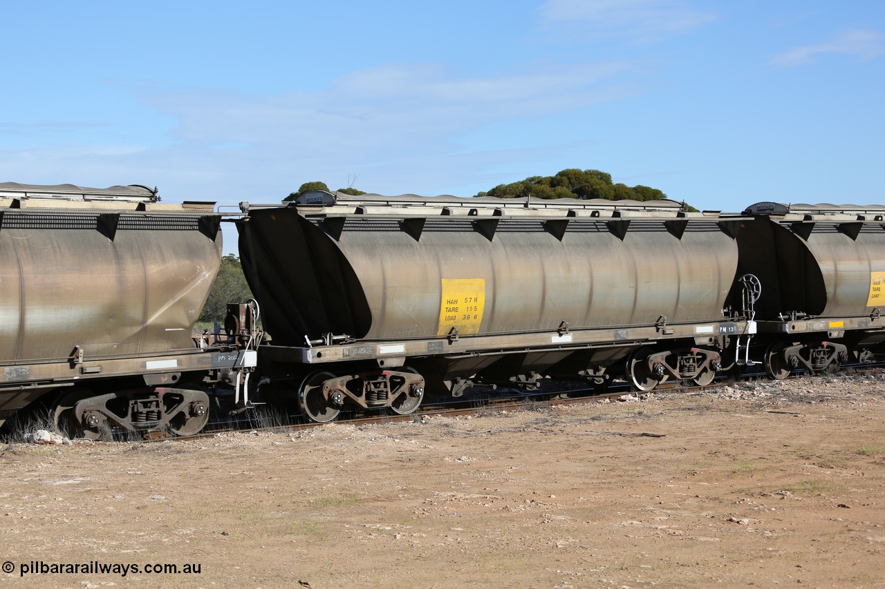 130704 0464
Kyancutta, HAN type bogie grain hopper waggon HAN 57, one of sixty eight units built by South Australian Railways Islington Workshops between 1969 and 1973 as the HAN type for the Eyre Peninsula system.
Keywords: HAN-type;HAN57;1969-73/68-57;SAR-Islington-WS;