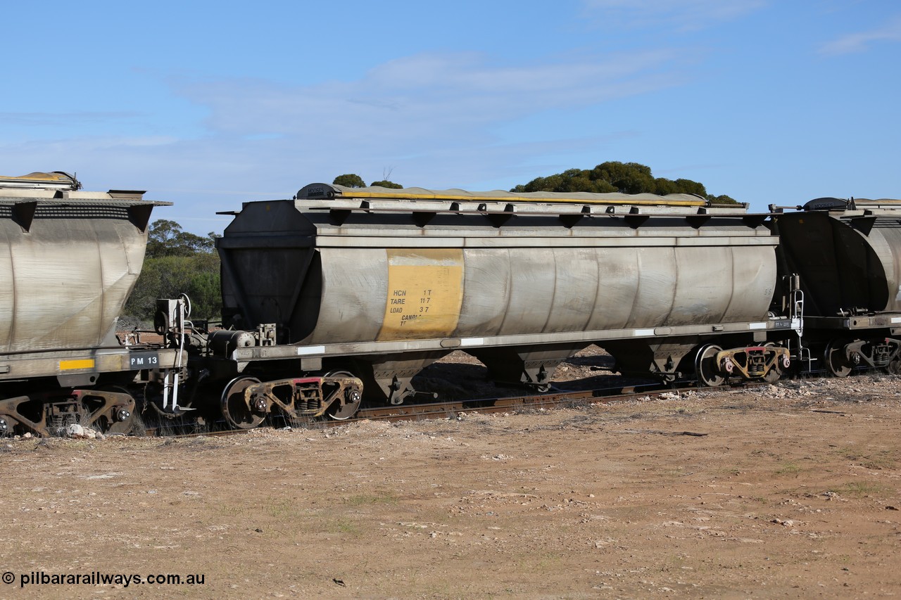 130704 0469
Kyancutta, HCN type leader bogie grain hopper waggon HCN 1, originally an NHB type hopper built by Tulloch Ltd for the Commonwealth Railways North Australia Railway. One of forty rebuilt by Islington Workshops 1978-79 to the HCN type with a 36 ton rating, increased to 40 tonnes in 1984. Seen here loaded with grain with a Moose Metalworks roll-top cover.
Keywords: HCN-type;HCN1;SAR-Islington-WS;rebuild;Tulloch-Ltd-NSW;NHB-type;NHB1574;