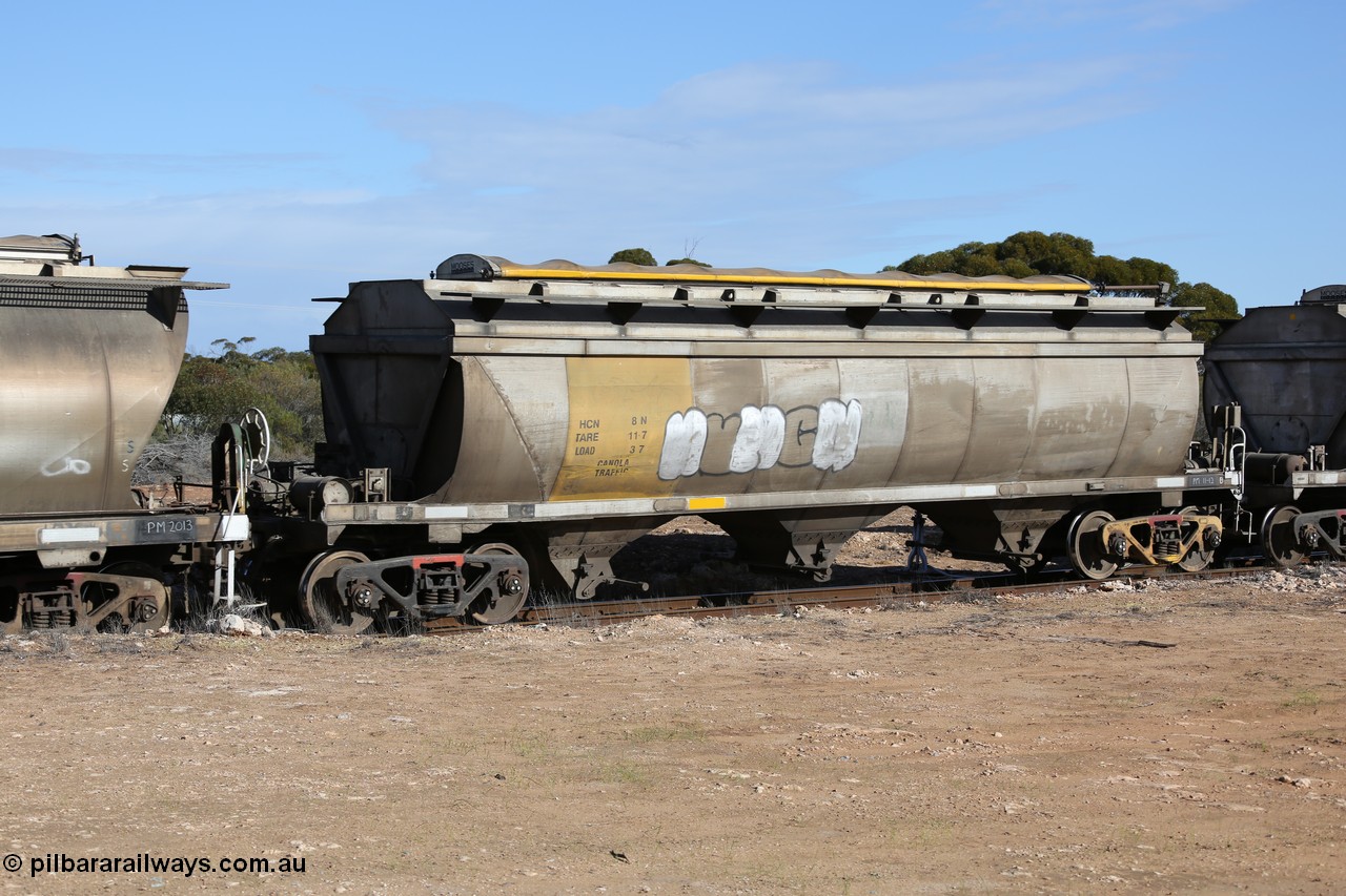 130704 0478
Kyancutta, HCN type bogie grain hopper waggon HCN 8, originally an NHB type hopper built by Tulloch Ltd for the Commonwealth Railways North Australia Railway. One of forty rebuilt by Islington Workshops 1978-79 to the HCN type with a 36 ton rating, increased to 40 tonnes in 1984. Seen here loaded with grain with a Moose Metalworks roll-top cover.
Keywords: HCN-type;HCN8;SAR-Islington-WS;rebuild;Tulloch-Ltd-NSW;NHB-type;NHB1571;