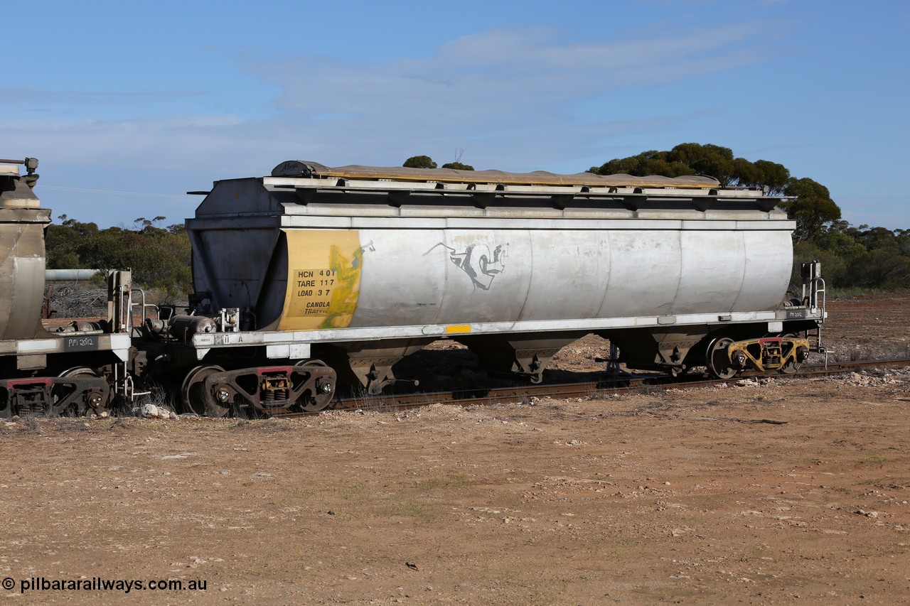 130704 0482
Kyancutta, HCN type bogie grain hopper waggon HCN 40, originally an NHB type hopper built by Tulloch Ltd for the Commonwealth Railways North Australia Railway. One of forty rebuilt by Islington Workshops 1978-79 to the HCN type with a 36 ton rating, increased to 40 tonnes in 1984. Seen here loaded with grain with a Moose Metalworks roll-top cover.
Keywords: HCN-type;HCN40;SAR-Islington-WS;rebuild;Tulloch-Ltd-NSW;NHB-type;NHB1596;