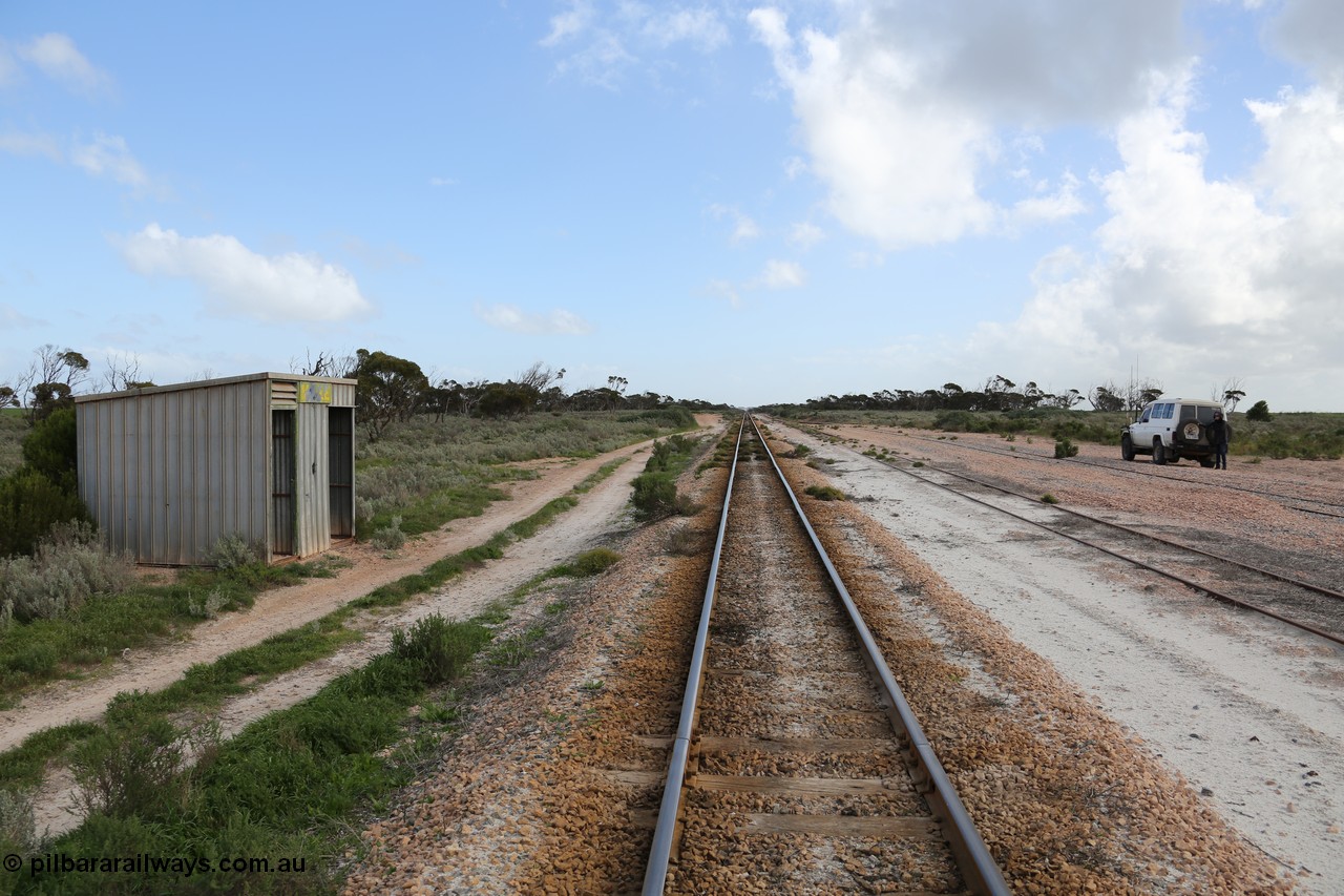 130704 0489
Moule, yard overview looking west, Moule located at the 445.6 km was opened in February 1966 when the Direct Line between Ceduna and Kevin was opened. From the left is the Mallee style shelter shed, mainline, crossing loop and ballast siding. [url=https://goo.gl/maps/KTtpy7LJB4tmHaTt6]Location is here[/url]. 4th July 2013.
