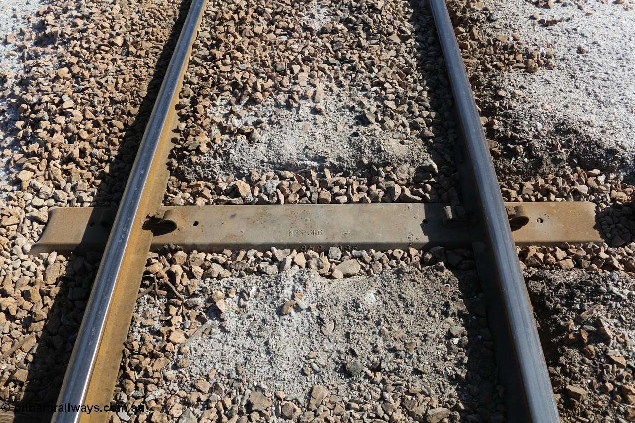 130704 0504
Moule, Trak-Lok M7.5 steel sleeper for 31 kg/m rail manufactured by BHP in 1996, the 7.5 is the thickness in millimetres of the steel used. 4th July 2013.
