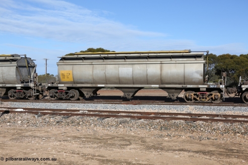 130704 0400
Kyancutta, HCN type bogie grain hopper waggon HCN 17, originally an NHB type hopper built by Tulloch Ltd for the Commonwealth Railways North Australia Railway. One of forty rebuilt by Islington Workshops 1978-79 to the HCN type with a 36 ton rating, increased to 40 tonnes in 1984. Seen here loaded with grain with a Moose Metalworks roll-top cover.
Keywords: HCN-type;HCN17;SAR-Islington-WS;rebuild;Tulloch-Ltd-NSW;NHB-type;NHB1016;