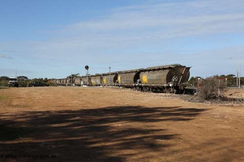 130704 0408
Kyancutta, south bound loaded grain train has stopped here to collect a loaded rack of grain waggons, the second driver has just restored the points for the mainline as the train waits across the Eyre Highway grade crossing and one of only three electric signals on the network, behind EMD 1204 and twin ALCo 830 units 873 and 851. 4th July 2013.
