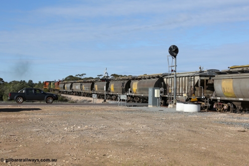 130704 0410
Kyancutta, south bound loaded grain train has stopped here to collect a loaded rack of grain waggons, seen here backing up to re-join the rest of the train on the mainline as it crosses the Eyre Highway grade crossing and one of only three electric signals on the network, behind EMD 1204 and twin ALCo 830 units 873 and 851. July 4, 2006.
