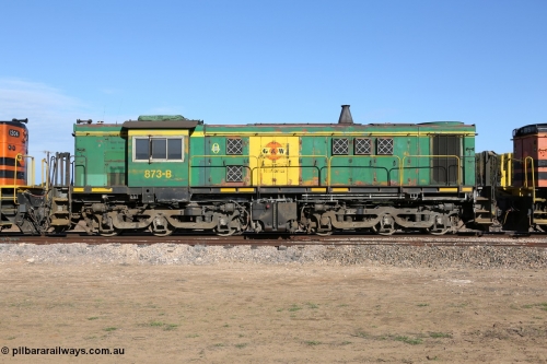 130704 0428
Kyancutta, former Australian National narrow gauge 830 class locomotive 873, an AE Goodwin built ALCo DL531 model with serial G3422-3 built new for the SAR in 1966 and delivered new to Port Lincoln in April 1966 with decals for current owner Genesee & Wyoming, it has spent it's whole working life on the Eyre Peninsula. July 4, 2006.
Keywords: 830-class;873;AE-Goodwin;ALCo;DL531;G3422-3;