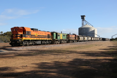 130704 0436
Kyancutta, 1200 class unit 1204 wearing current owner Genesee & Wyoming livery is a Clyde Engineering built EMD G12C model with serial 65-428 heads up a loaded grain train as it undertakes a brake test following shunting to attach a further fourteen waggons. July 4, 2006.
Keywords: 1200-class;1204;Clyde-Engineering-Granville-NSW;EMD;G12C;65-428;A-class;A1514;