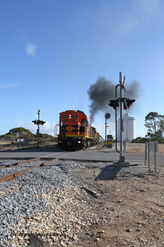 130704 0444
Kyancutta, the south bound loaded grain train gets away from attaching a further fourteen loads here as it is about to cross the Eyre Highway grade crossing with F Type flashing lights. July 4, 2006.
Keywords: 1200-class;1204;Clyde-Engineering-Granville-NSW;EMD;G12C;65-428;A-class;A1514;
