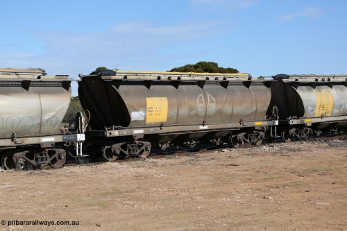 130704 0460
Kyancutta, HAN type bogie grain hopper waggon HAN 3, one of sixty eight units built by South Australian Railways Islington Workshops between 1969 and 1973 as the HAN type for the Eyre Peninsula system.
Keywords: HAN-type;HAN3;1969-73/68-3;SAR-Islington-WS;