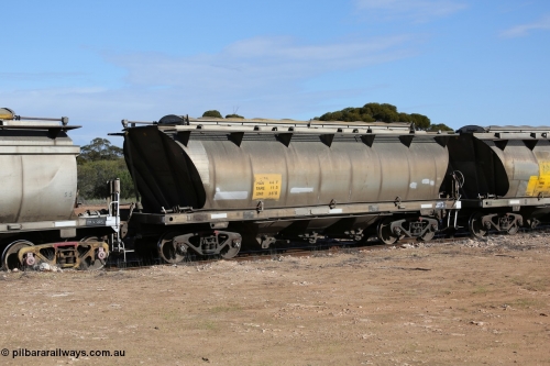 130704 0470
Kyancutta, HAN type bogie grain hopper waggon HAN 44, one of sixty eight units built by South Australian Railways Islington Workshops between 1969 and 1973 as the HAN type for the Eyre Peninsula system.
Keywords: HAN-type;HAN44;1969-73/68-44;SAR-Islington-WS;