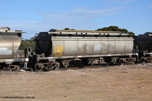 130704 0475
Kyancutta, HCN type bogie grain hopper waggon HCN 7, originally an NHB type hopper built by Tulloch Ltd for the Commonwealth Railways North Australia Railway. One of forty rebuilt by Islington Workshops 1978-79 to the HCN type with a 36 ton rating, increased to 40 tonnes in 1984. Seen here loaded with grain with a Moose Metalworks roll-top cover.
Keywords: HCN-type;HCN7;SAR-Islington-WS;rebuild;Tulloch-Ltd-NSW;NHB-type;NHB1021;