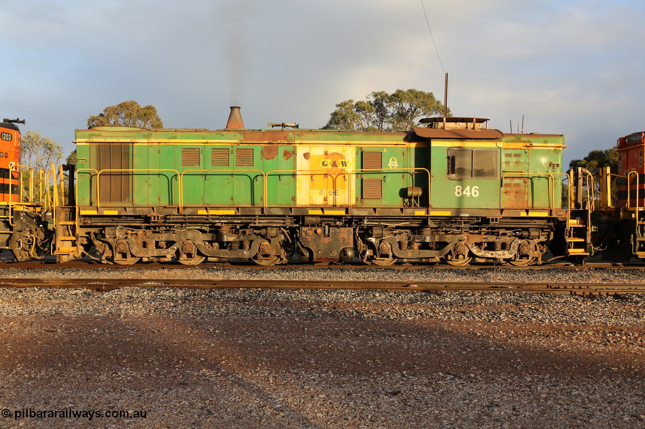 130705 0519
Lock, former Australian National narrow gauge 830 class locomotive 846, an AE Goodwin built ALCo DL531 model with serial 84715 built new for the SAR in 1963 and delivered to Adelaide Division on broad gauge, transferred to Tasmania on narrow gauge in 1982, then back to SA on standard gauge in 1989 and then Whyalla in 2008 on narrow gauge. In 2012 is was delivered to Port Lincoln, the last loco delivered to the Eyre Peninsula and wearing Genesee & Wyoming decals on former AN livery. 5th July 2013.
Keywords: 830-class;846;84715;AE-Goodwin;ALCo;DL531;