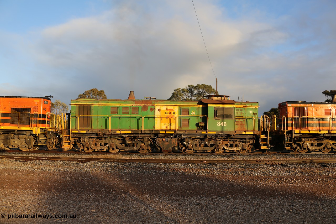 130705 0520
Lock, former Australian National narrow gauge 830 class locomotive 846, an AE Goodwin built ALCo DL531 model with serial 84715 built new for the SAR in 1963 and delivered to Adelaide Division on broad gauge, transferred to Tasmania on narrow gauge in 1982, then back to SA on standard gauge in 1989 and then Whyalla in 2008 on narrow gauge. In 2012 is was delivered to Port Lincoln, the last loco delivered to the Eyre Peninsula and wearing Genesee & Wyoming decals on former AN livery. 5th July 2013.
Keywords: 830-class;846;84715;AE-Goodwin;ALCo;DL531;