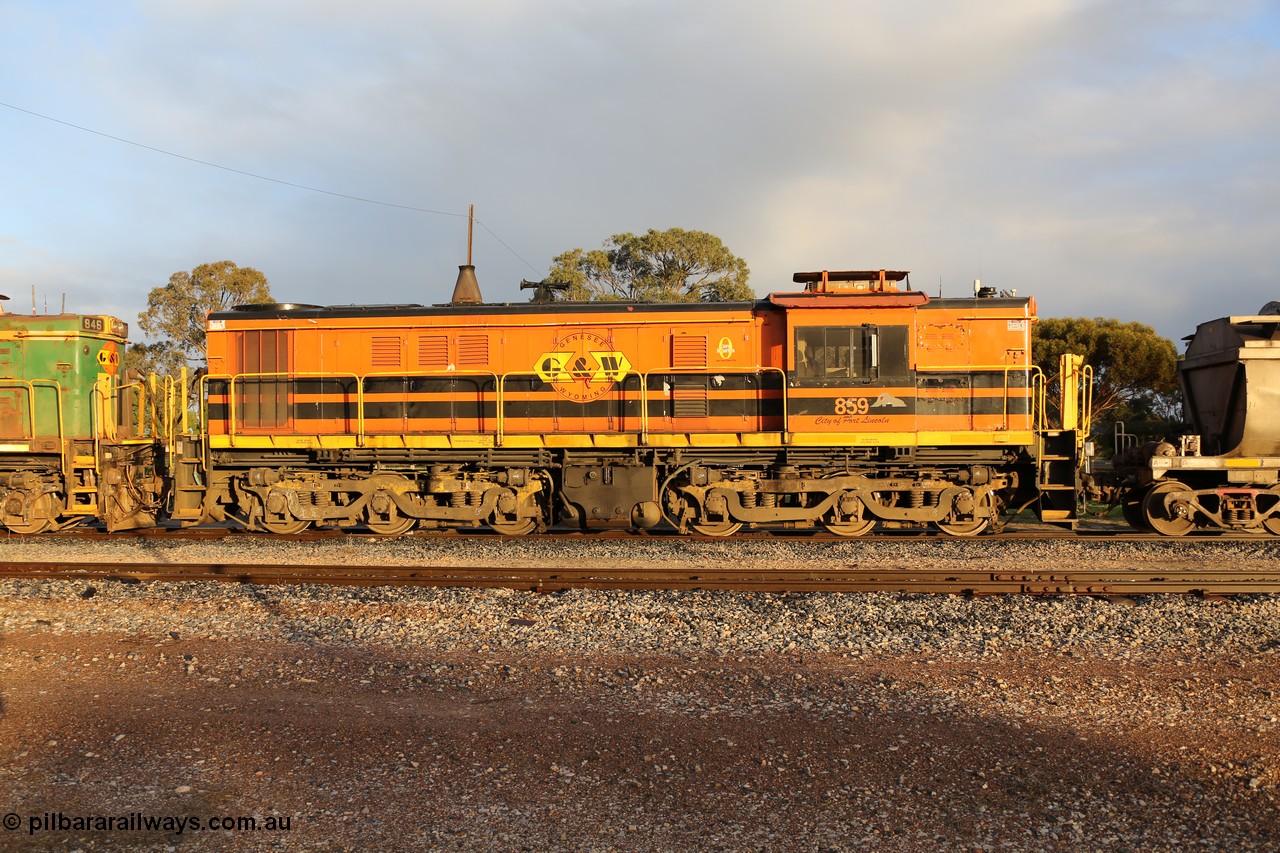 130705 0521
Lock, Genesee & Wyoming locomotive AE Goodwin ALCo model DL531 unit 859 'City of Port Lincoln' serial 84705, built in 1963, 859 started life at Peterborough, spent some years in Tasmania and even spent time in Perth on standard gauge in 2002 before being repainted and transferred to the Eyre Peninsula system in 2003. 5th of July 2013.
Keywords: 830-class;859;AE-Goodwin;ALCo;DL531;84137;