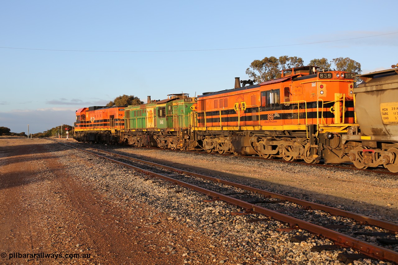 130705 0522
Lock, 1203, 846 and 859 shunt their loading grain train out of the siding onto the mainline. Genesee & Wyoming locomotive AE Goodwin ALCo model DL531 unit 859 'City of Port Lincoln' serial 84705, built in 1963, 859 started life at Peterborough, spent some years in Tasmania and even spent time in Perth on standard gauge in 2002 before being repainted and transferred to the Eyre Peninsula system in 2003. 5th of July 2013.
Keywords: 830-class;859;84137;AE-Goodwin;ALCo;DL531;