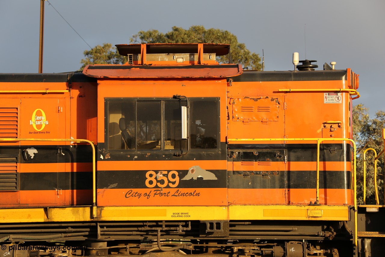 130705 0531
Lock, cab view of Genesee & Wyoming locomotive AE Goodwin ALCo model DL531 unit 859 'City of Port Lincoln' serial 84705, built in 1963, 859 started life at Peterborough, spent some years in Tasmania and even spent time in Perth on standard gauge in 2002 before being repainted and transferred to the Eyre Peninsula system in 2003. 5ht of July 2013.
Keywords: 830-class;859;AE-Goodwin;ALCo;DL531;84705;