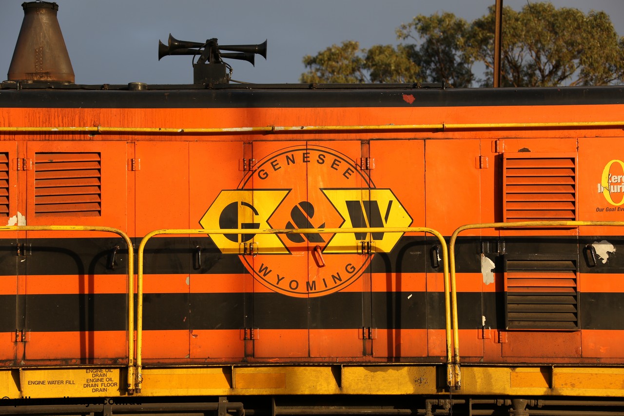 130705 0532
Lock, hood view of the Genesee & Wyoming decal on locomotive AE Goodwin ALCo model DL531 unit 859 'City of Port Lincoln' serial 84705, built in 1963, 859 started life at Peterborough, spent some years in Tasmania and even spent time in Perth on standard gauge in 2002 before being repainted and transferred to the Eyre Peninsula system in 2003. 5th of July 2013.
Keywords: 830-class;859;AE-Goodwin;ALCo;DL531;84705;