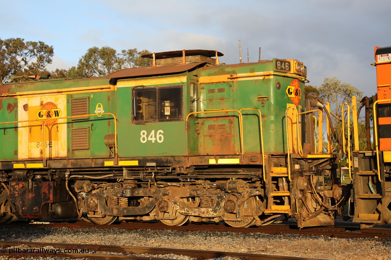 130705 0533
Lock, cab view of former Australian National narrow gauge 830 class locomotive 846, an AE Goodwin built ALCo DL531 model with serial 84715 built new for the SAR in 1963 and delivered to Adelaide Division on broad gauge, transferred to Tasmania on narrow gauge in 1982, then back to SA on standard gauge in 1989 and then Whyalla in 2008 on narrow gauge. In 2012 is was delivered to Port Lincoln, the last loco delivered to the Eyre Peninsula and wearing Genesee & Wyoming decals on former AN livery. 5th July 2013.
Keywords: 830-class;846;AE-Goodwin;ALCo;DL531;84715;