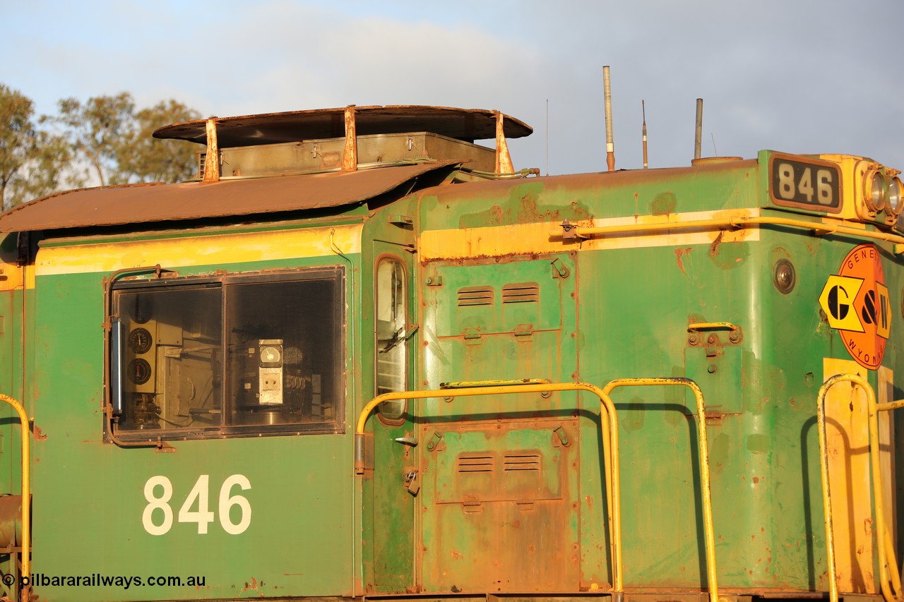 130705 0534
Lock, cab and roof view of former Australian National narrow gauge 830 class locomotive 846, an AE Goodwin built ALCo DL531 model with serial 84715 built new for the SAR in 1963 and delivered to Adelaide Division on broad gauge, transferred to Tasmania on narrow gauge in 1982, then back to SA on standard gauge in 1989 and then Whyalla in 2008 on narrow gauge. In 2012 is was delivered to Port Lincoln, the last loco delivered to the Eyre Peninsula and wearing Genesee & Wyoming decals on former AN livery. 5th July 2013.
Keywords: 830-class;859;AE-Goodwin;ALCo;DL531;84705;