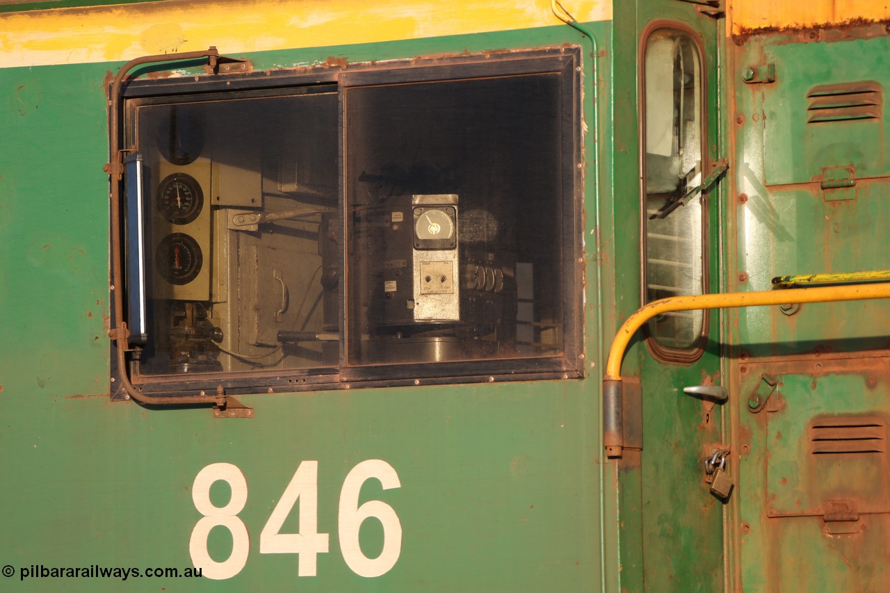 130705 0535
Lock, cab view through windows of former Australian National narrow gauge 830 class locomotive 846, an AE Goodwin built ALCo DL531 model with serial 84715 built new for the SAR in 1963 and delivered to Adelaide Division on broad gauge, transferred to Tasmania on narrow gauge in 1982, then back to SA on standard gauge in 1989 and then Whyalla in 2008 on narrow gauge. In 2012 is was delivered to Port Lincoln, the last loco delivered to the Eyre Peninsula. 5th July 2013.
Keywords: 830-class;846;AE-Goodwin;ALCo;DL531;84715;