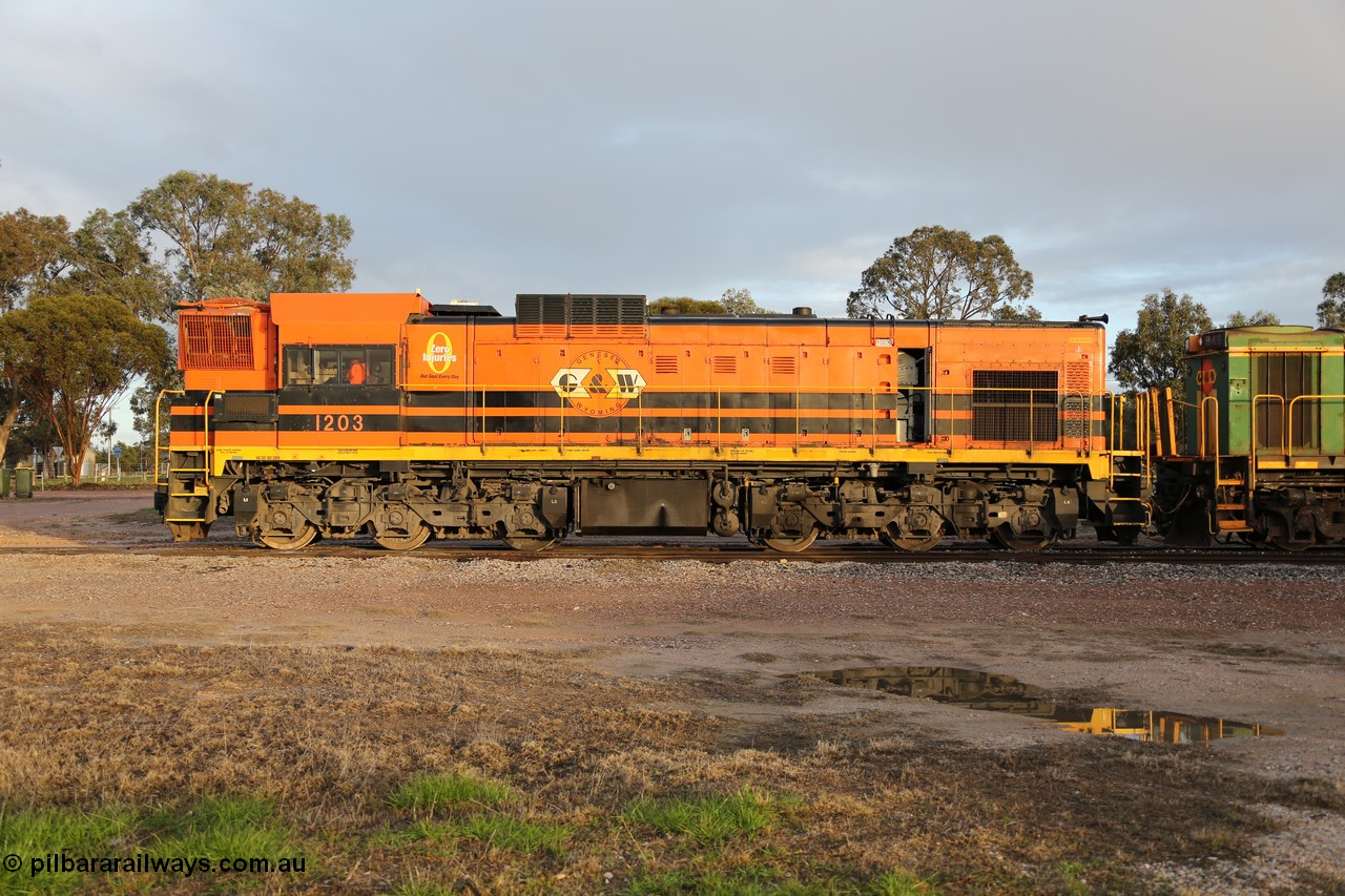 130705 0536
Lock, side view of Genesee & Wyoming 1200 class unit 1203, a Clyde Engineering EMD model G12C serial 65-427, one of fourteen originally built between 1960-65 for WAGR as their A class A 1513, fitted with dynamic brakes and financed by Western Mining Corporation, started working on the Eyre Peninsula in November 2004.
Keywords: 1200-class;1203;Clyde-Engineering-Granville-NSW;EMD;G12C;65-427;A-class;A1513;