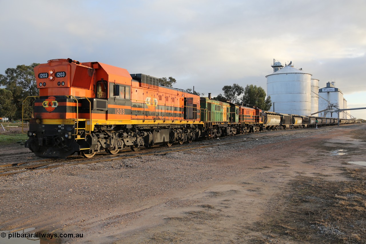 130705 0537
Lock, grain train loading in progress with the Viterra fast flow auger in the distance, the train with 1203, 846 and 859 is about to split and shunt half the consist onto the mainline. 5th of July 2013.
Keywords: 1200-class;1203;Clyde-Engineering-Granville-NSW;EMD;G12C;65-427;A-class;A1513;