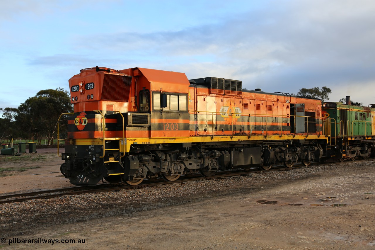 130705 0550
Lock, Genesee & Wyoming 1200 class unit 1203, a Clyde Engineering EMD model G12C serial 65-427, one of fourteen originally built between 1960-65 for WAGR as their A class A 1513, fitted with dynamic brakes and financed by Western Mining Corporation, started working on the Eyre Peninsula in November 2004.
Keywords: 1200-class;1203;Clyde-Engineering-Granville-NSW;EMD;G12C;65-427;A-class;A1513;