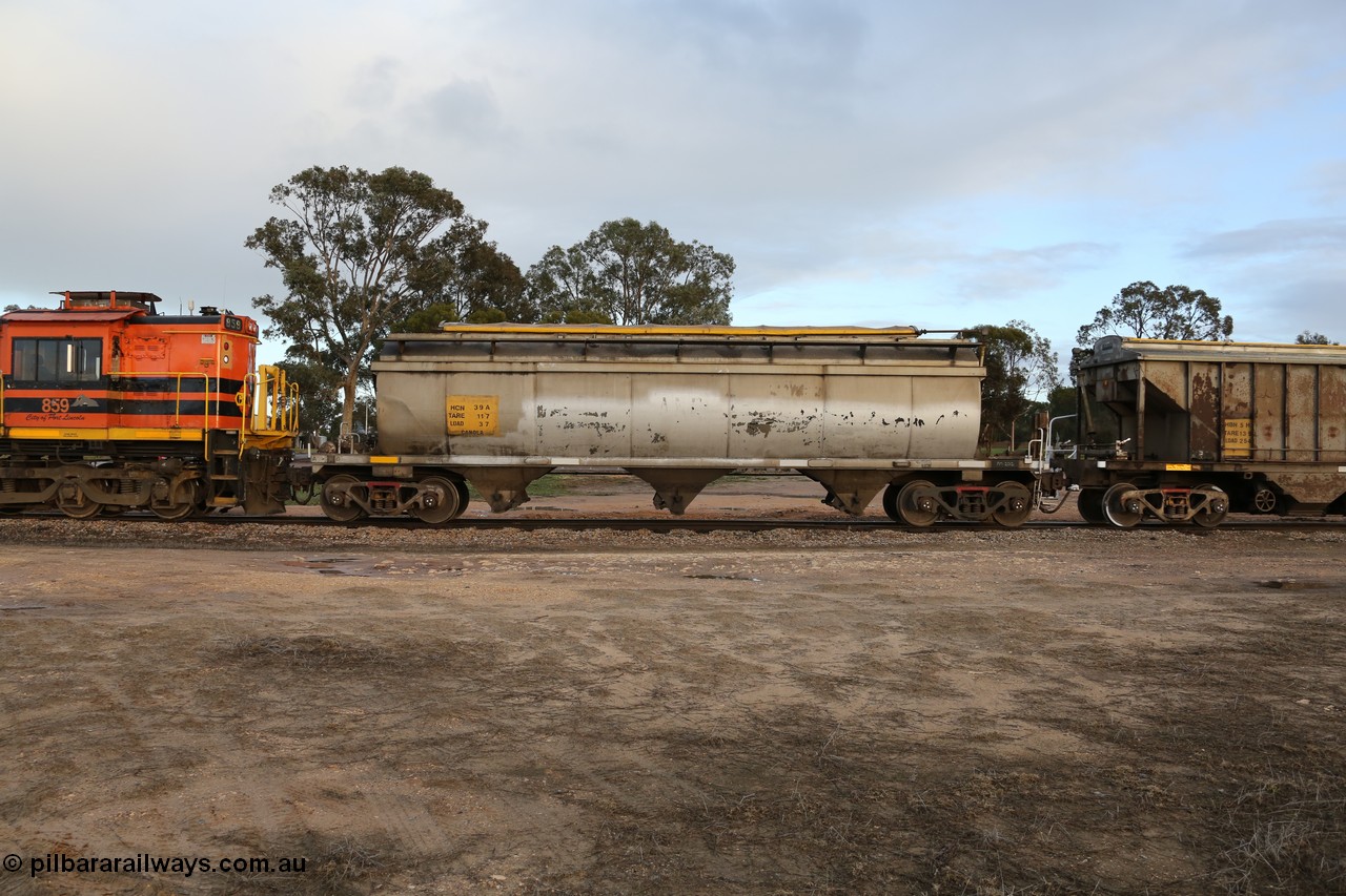 130705 0551
Lock, HCN type bogie grain hopper waggon HCN 39, originally an NHB type hopper NHB 1573 built by Tulloch Ltd for the Commonwealth Railways North Australia Railway. One of forty rebuilt by Islington Workshops 1978-79 to the HCN type with a 36 ton rating, increased to 40 tonnes in 1984. Fitted with a Moose Metalworks roll-top cover. 5th July 2013.
Keywords: HCN-type;HCN39;SAR-Islington-WS;rebuild;Tulloch-Ltd-NSW;NHB-type;NHB1573;