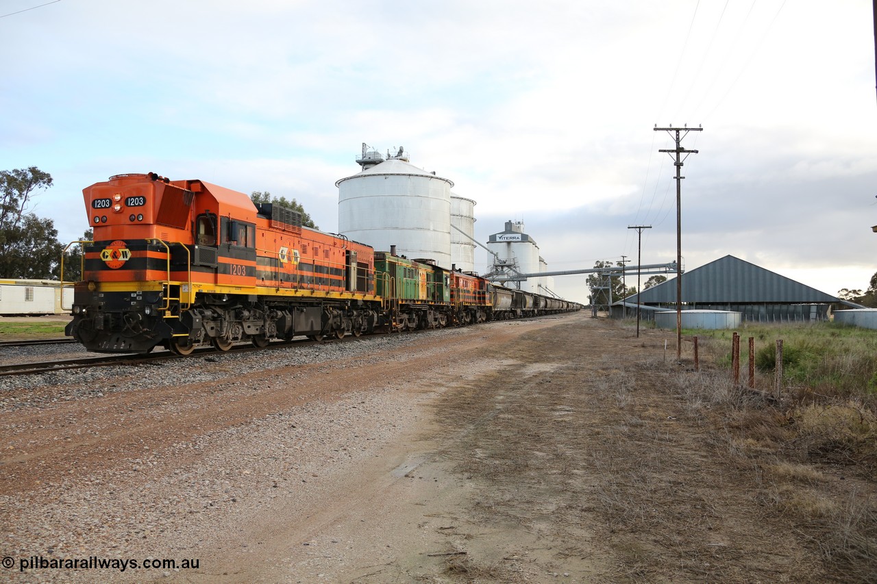 130705 0580
Lock, located at the 148.5 km and originally named Terre when opened in May 1913, later renamed to Lock in December 1921. From the left background is the Ascom silo complex (Block 5), then blocks 2, 1 and 3, the train is on the mainline with the horizontal bunker (Block 4) on the right. 5th of July 2013.
Keywords: 1200-class;1203;Clyde-Engineering-Granville-NSW;EMD;G12C;65-427;A-class;A1513;